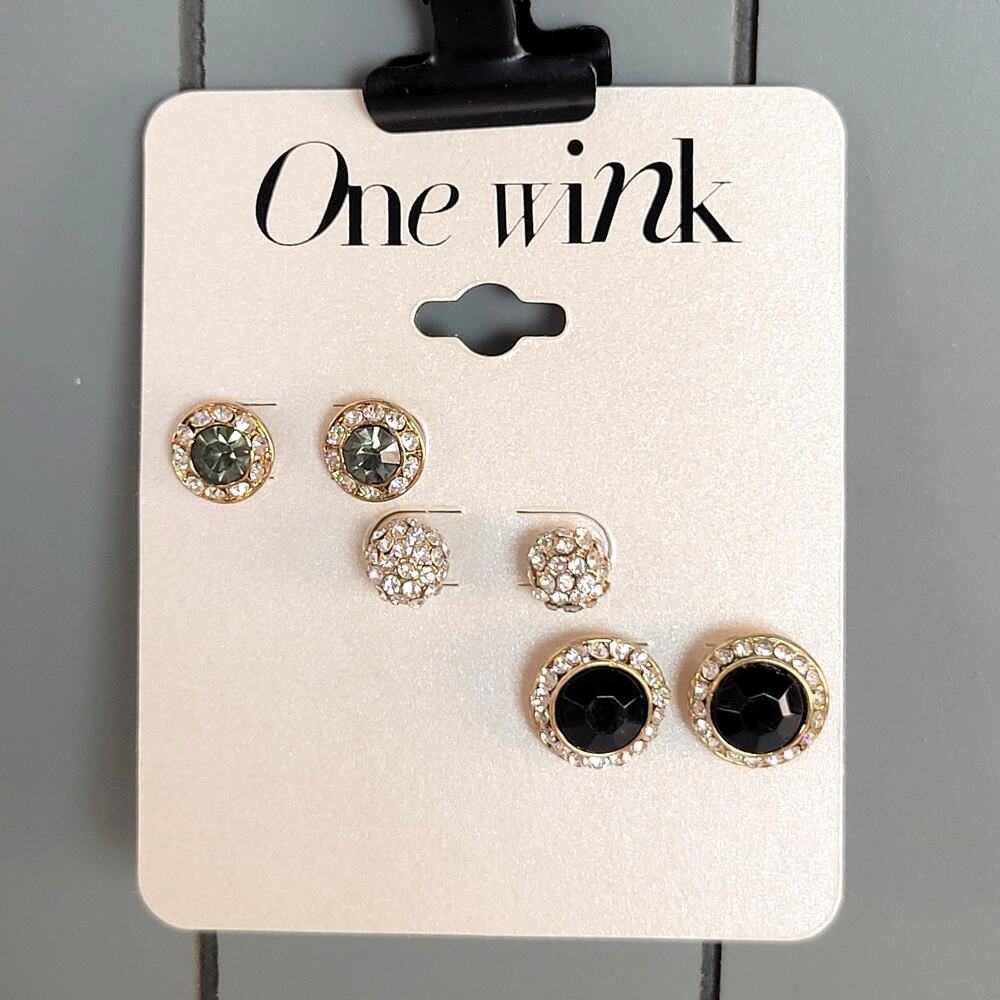 One Wink 3-Pair Gold Crystal Stud Earrings Set Black Clear Round Free Gift Bag